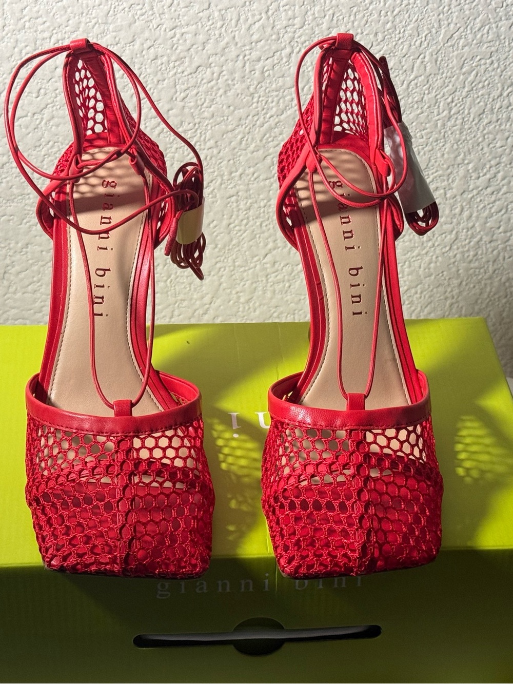Gianni Bini Red Mesh Lace-Up Block Heels